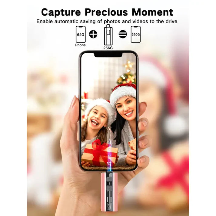 High-speed 4-in-1 plug-and-play flash drive allows for instant backup of photos and videos between iPhones, iPads, Android devices, and PC