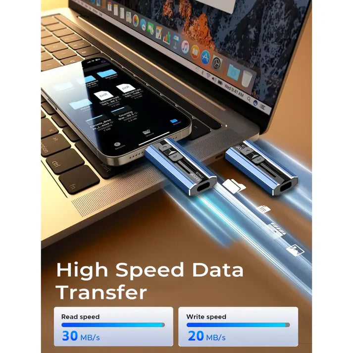 High-speed 4-in-1 plug-and-play flash drive allows for instant backup of photos and videos between iPhones, iPads, Android devices, and PC