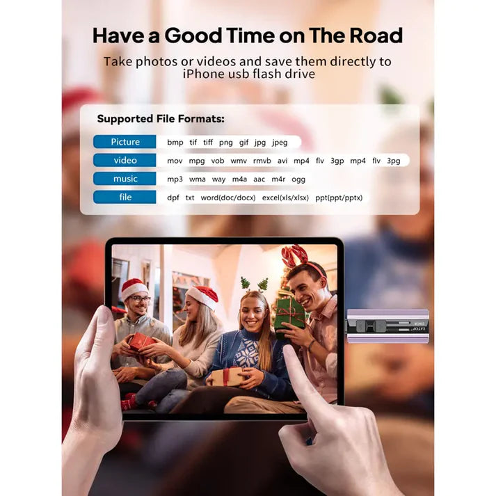 High-speed 4-in-1 plug-and-play flash drive allows for instant backup of photos and videos between iPhones, iPads, Android devices, and PC