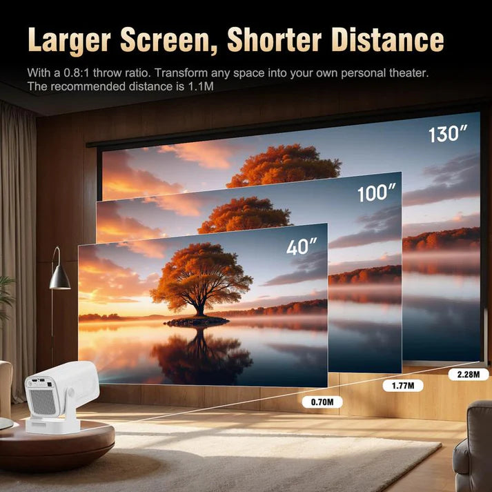 Smart 1080P Mini Projector with Auto-Focus. Features Android 11, WiFi 6, 180° Rotation for 130” Cinema, & 4K Support.