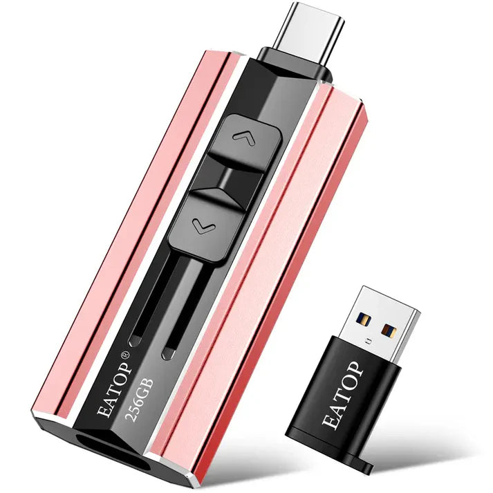 High-speed 4-in-1 plug-and-play flash drive allows for instant backup of photos and videos between iPhones, iPads, Android devices, and PC