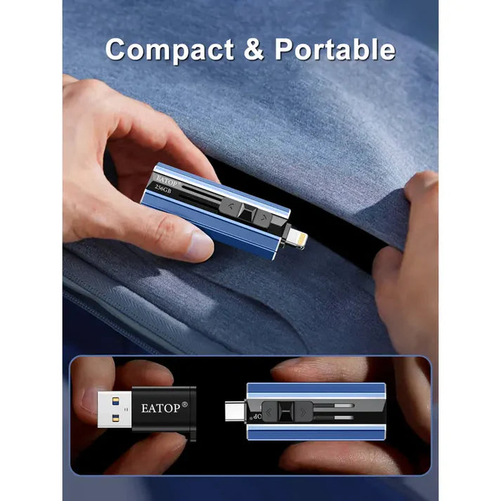 High-speed 4-in-1 plug-and-play flash drive allows for instant backup of photos and videos between iPhones, iPads, Android devices, and PC