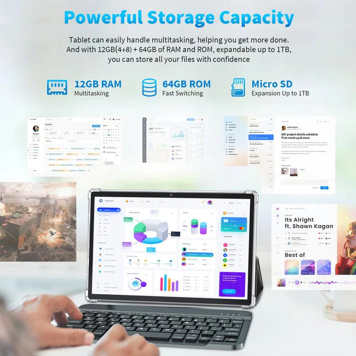 Android 15 tablet, 10.1-inch, 2-in-1 portable device, 12GB RAM, holiday gift.