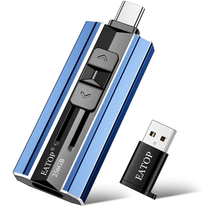 High-speed 4-in-1 plug-and-play flash drive allows for instant backup of photos and videos between iPhones, iPads, Android devices, and PC