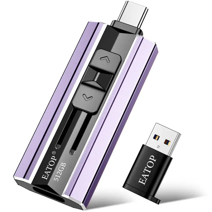 High-speed 4-in-1 plug-and-play flash drive allows for instant backup of photos and videos between iPhones, iPads, Android devices, and PC