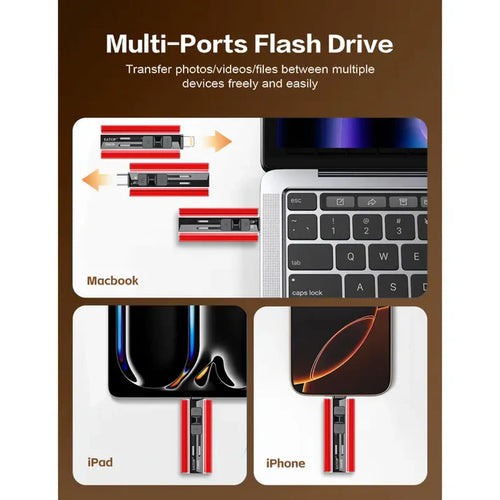 High-speed 4-in-1 plug-and-play flash drive allows for instant backup of photos and videos between iPhones, iPads, Android devices, and PC